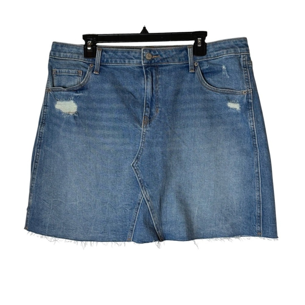 Old Navy Denim Mini Skirt Women 16 Blue Distressed Raw Hem Cotton Jean A Line
